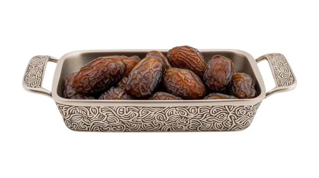 A beautifully crafted ornate dish with dates, highlighting Islamic heritage