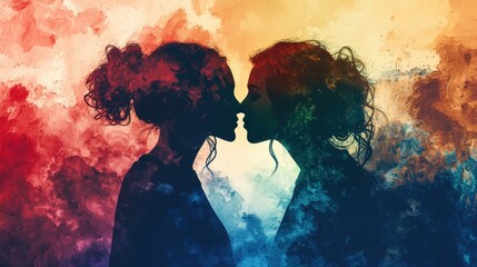 A vibrant, artistic depiction of two silhouetted figures about to kiss, surrounded by colorful swirls, symbolizing love and connection.