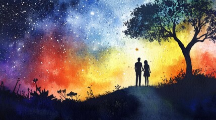 A watercolor illustration of a couple standing hand in hand under a starry sky, with vibrant colors blending into a dreamy sunset backdrop.