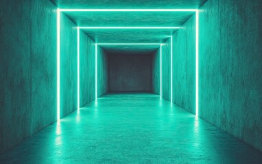 A futuristic corridor illuminated by glowing teal neon lights against a textured wall, creating a mysterious and modern atmosphere.