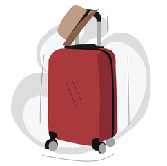 Travel suitcase, beach hat.Spinner wheel luggage and summer sunhat. 