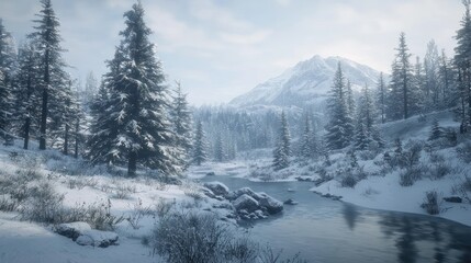 Serene Winter Wonderland: Snow-Covered Mountains and Frozen River