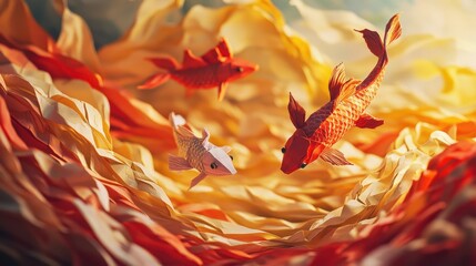 A vibrant underwater scene featuring colorful koi fish swimming amidst dynamic, flowing layers of red and orange paper-like waves.
