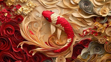 A vibrant, artistic depiction of a koi fish crafted from paper, surrounded by intricately layered floral designs in red, gold, and cream tones.
