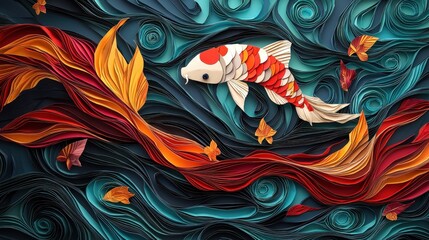A vibrant, artistic depiction of a koi fish swimming through swirling waters, surrounded by colorful leaves and dynamic patterns.