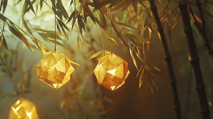 A serene scene showcasing golden geometric lanterns hanging among bamboo, creating a tranquil and atmospheric ambiance.