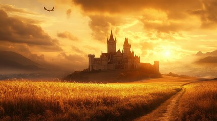 Obraz premium Feudal Castle Surrounded by Golden Fields at Sunset