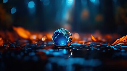 A crystal sphere reflects light amidst leaves in a serene, blue-toned forest setting, creating a tranquil and mystical atmosphere.