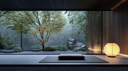 A serene interior space featuring a view of a tranquil garden with soft lighting, a stone feature, and a minimalist design.