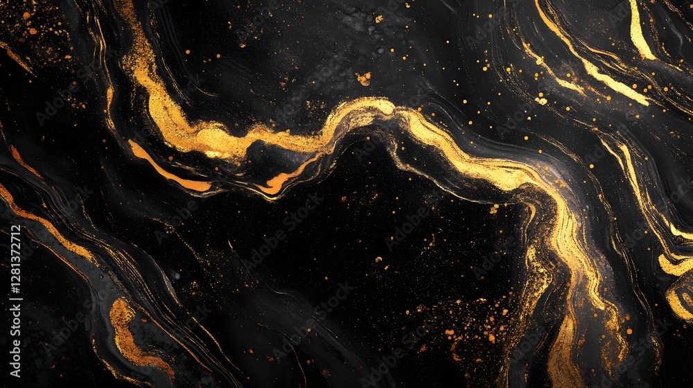 Aufkleber Mesmerizing Metallic Marble Abstract with Dynamic Splatter Effect   Captivating digital artwork featuring a fluid swirling composition of golden and dark tones creating a sense of movement and energy