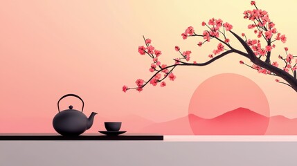 A serene scene featuring a teapot and cup beside a blooming cherry blossom tree against a pastel sunset backdrop, evoking tranquility and harmony.