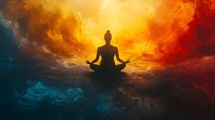 Illustrate a serene image of a calm figure medita in a peaceful meditation pose surrounded by a vibrant orange and blue background for relaxation
