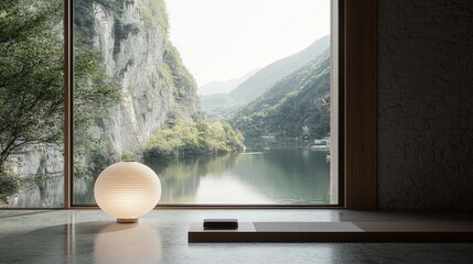 A serene interior scene featuring a lantern and view of a tranquil lake surrounded by mountains, showcasing a peaceful, minimalist aesthetic.