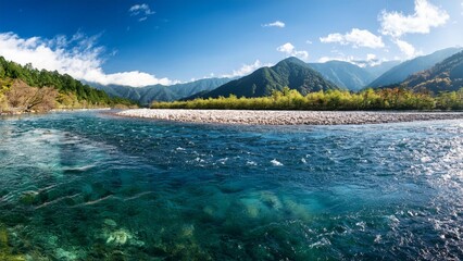 Fototapeta premium 美しい青空と透明感のある川、フォトジェニックな風景