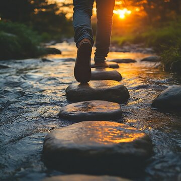Man walks across stepping stones on a rivers surface