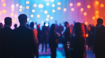 Elegant Evening Event with People and Colorful Lights in Background