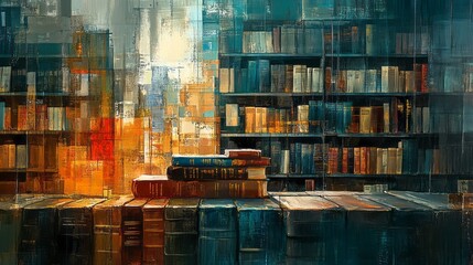 Impressionistic painting depicts a well stocked library with many books