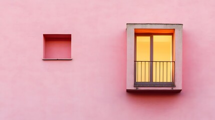 Minimalist Pink Wall with Balcony Window and Small Niche