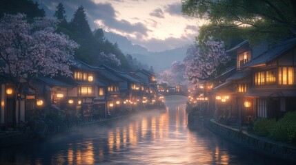 Fototapeta premium Feudal Japan village nestled by river in twilight
