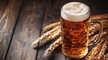Classic beer mug filled with amber beer and frothy foam beside wheat on a dark rustic wooden surface. Ideal for breweries, Oktoberfest, pubs, menus, and beer-related promotions