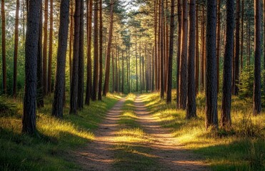 Obraz premium Sunlight Path Through Pine Forest