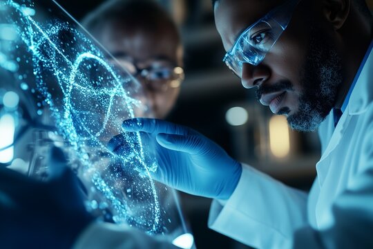 Afro-American scientists in medical advanced lab interact with floating molecular visualization, precision gloves handle digital interface, scientific discovery, medical research concept.