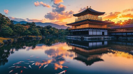 Obraz premium Feudal Japanese Palace with Koi-filled Moat at Sunset