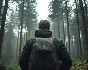 Man wearing backpack walks through a forest in nature