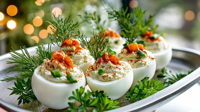 Gourmet deviled eggs with herbs and spices on elegant serving tray.