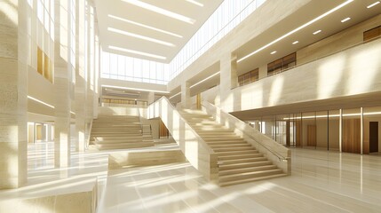 Modern Beige Stone Staircase in Grand Lobby