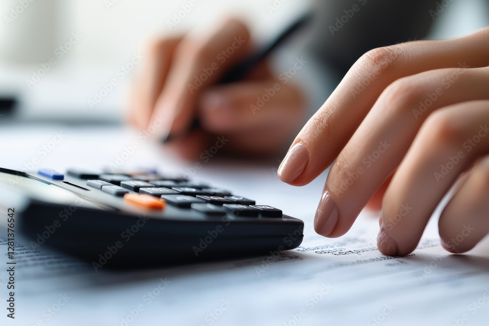 Aufkleber hands calculating finances with a calculator
