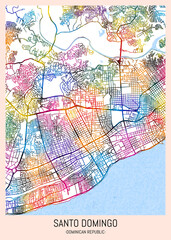 Obraz premium Santo Domingo Dominican Republic City Map, downtown tourism, house art travel, scenic metropolis concept, travel art city, patriotic abstract banner