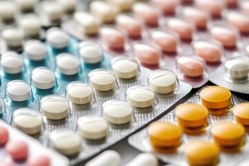 Collection of various pill blisters arranged on a dark surface with vibrant colors and different shapes. Generative AI