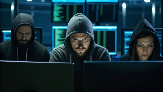 Cyber Heist cybercriminals attempting Three hooded figures at computer screens
