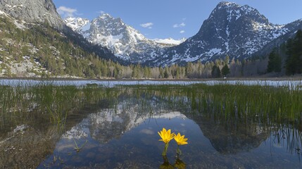 Yellow Wildflowers Reflecting in a Mountain Lake