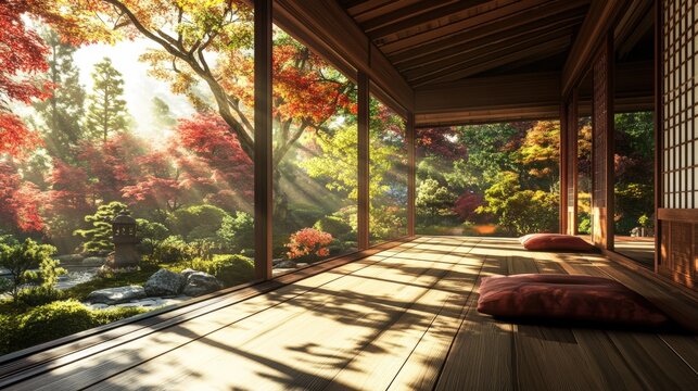 Tranquil indoor outdoor engawa veranda overlooking zen garden in autumn