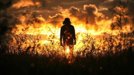 Fototapeta premium Silhouette Person Standing In Grass During Sunset
