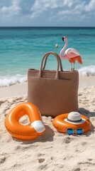 Obraz premium Relax on the sandy beach with a stylish beach bag, sunglasses, and a fun flamingo float amid the blue ocean backdrop