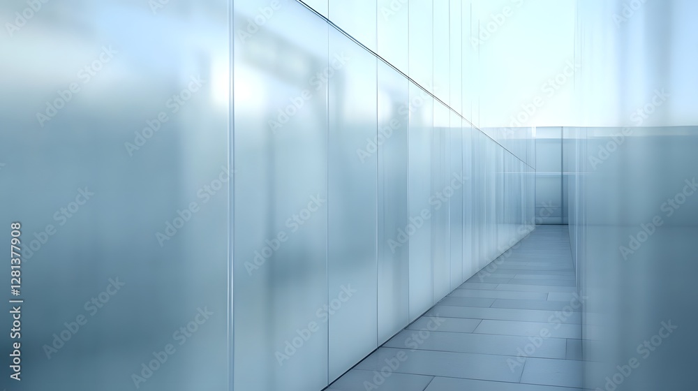 Poster minimalist architectural corridor with geometric glass walls and symmetrical overhead lighting creat