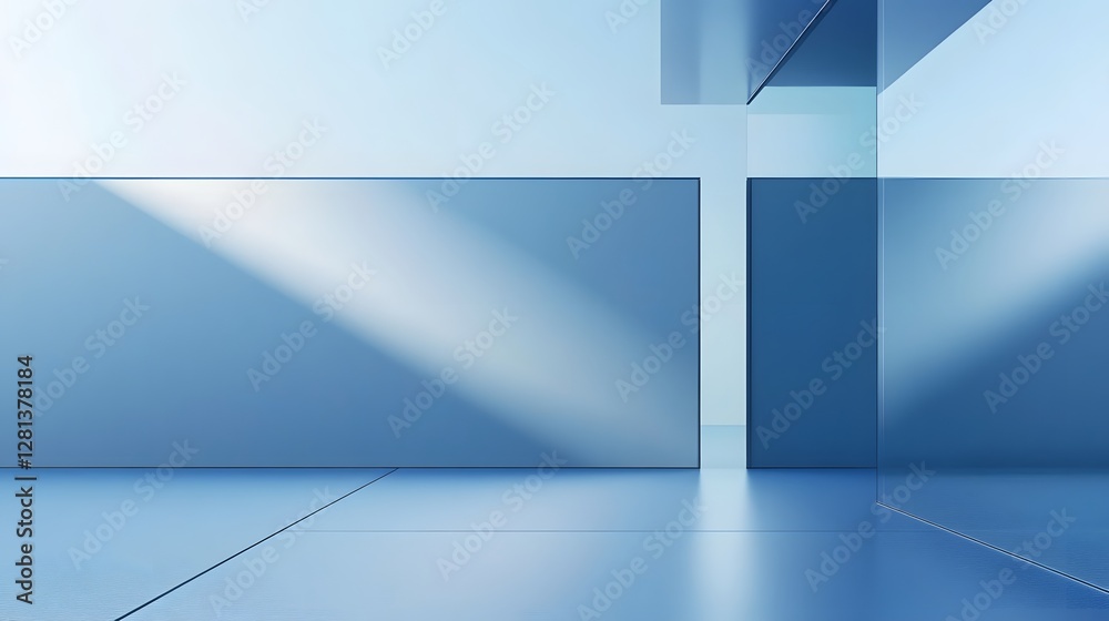Poster Minimalist blue geometric backdrop with clean lines 3D rectangular shapes and reflective surfaces creating a modern architectural and futuristic interior design concept