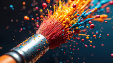 Fototapeta premium Paintbrush bursting with vibrant splashes of red, yellow, and blue