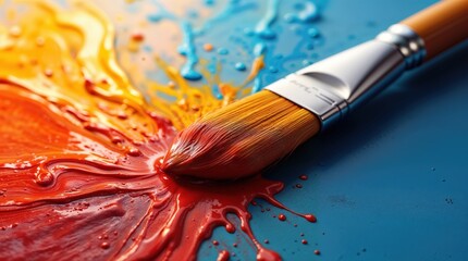 Fototapeta premium Paintbrush blending vivid red, yellow, and blue on a canvas