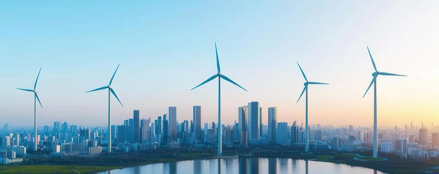 A serene urban landscape featuring wind turbines beside a city skyline, highlighting renewable energy and modern architecture at sunrise.