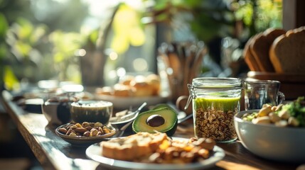 A Beautiful Breakfast Spread with Healthy Foods in Natural Light. Enjoy Fresh Avocado, Salad, and Crunchy Nuts for a Perfect Morning Meal.