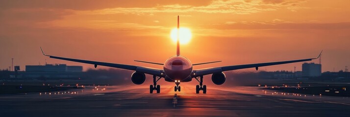 Airplane prepares for takeoff at sunset on the runway with orange sky and silhouette of the aircraft. Generative AI