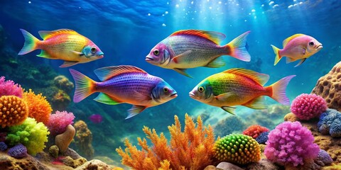 Vibrant Reef Inhabitants Gracefully Swimming Amongst Colorful Coral Formations in a Sunlit Underwater Paradise