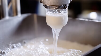 A milking machine nozzle is attached to a cow’s udder, with fresh milk streaming into a transparent collection jar in a clean dairy setting.