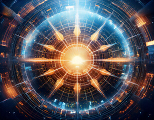 Fototapeta premium 無数の幾何学的な構造物が宇宙空間に広がり、光と影が複雑に交差し万華鏡のように変化する幻想的な円形の都市景観 