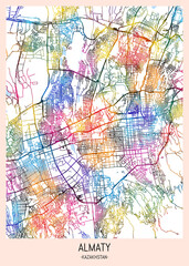 Almaty Kazakhstan City Map, downtown tourism, house art travel, scenic metropolis concept, travel art city, patriotic abstract banner
