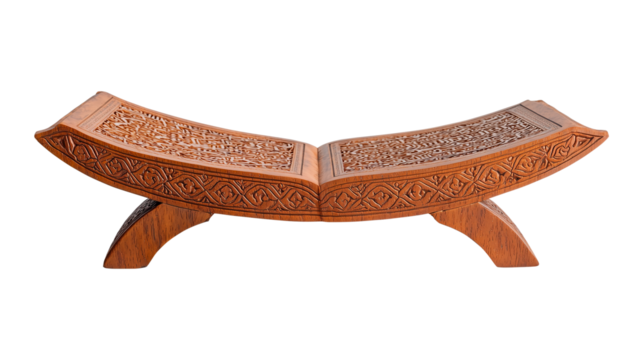 Traditional Islamic rehal with detailed wooden engravings